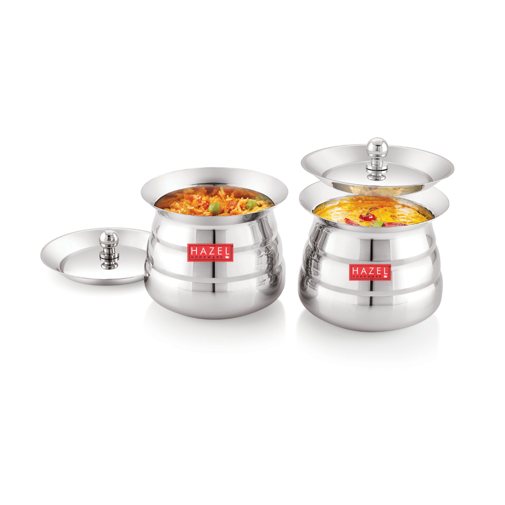 HAZEL Stainless Steel Serving Handi Set of 2 | Dal Handi Set for Serving | Serving Handi Small with Lid | 2 Piece Serving Pot, 500 ml