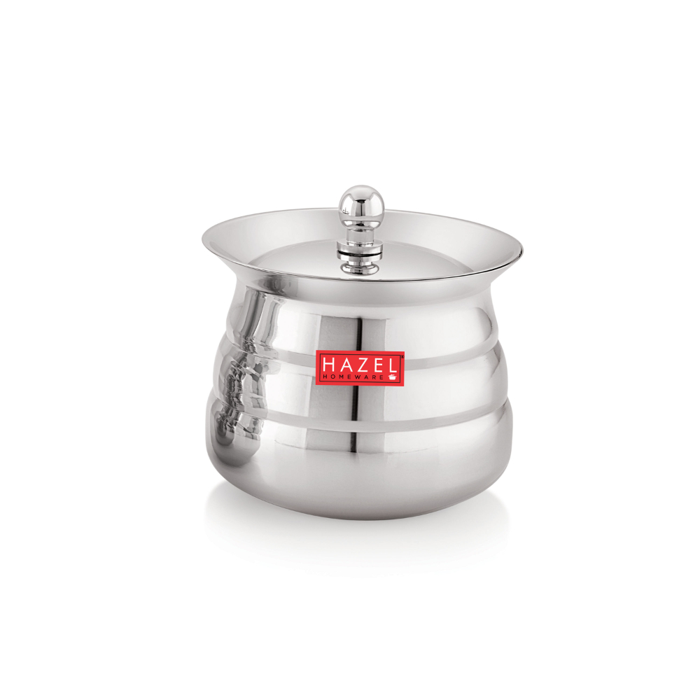 HAZEL Stainless Steel Serving Handi Set of 2 | Dal Handi Set for Serving | Serving Handi Small with Lid | 2 Piece Serving Pot, 500 ml