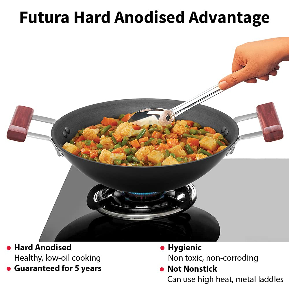 Hawkins Futura Hard Anodised Deep-Fry Pan Kadai Flat Bottom with 2 short handles, 2000 ML, Black