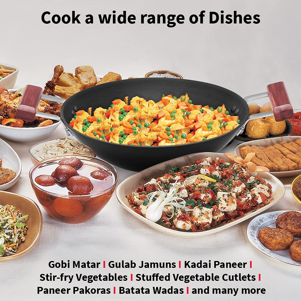 Hawkins Futura Hard Anodised Deep-Fry Pan Kadai Flat Bottom with 2 short handles, 2000 ML, Black