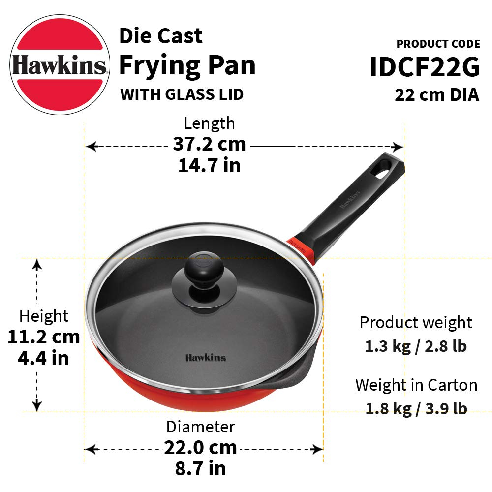 Hawkins Nonstick Induction Compatible Die Cast Frying Pan With Glass Lid, 22 cm