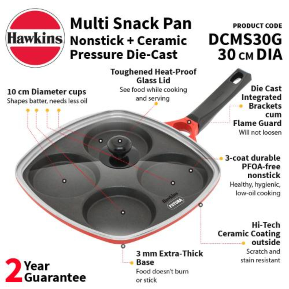 Hawkins 30 cm Die-Cast Multi Snack Pan with Glass Lid, Nonstick Mini Uttapam Tawa, Pancake Pan, Red