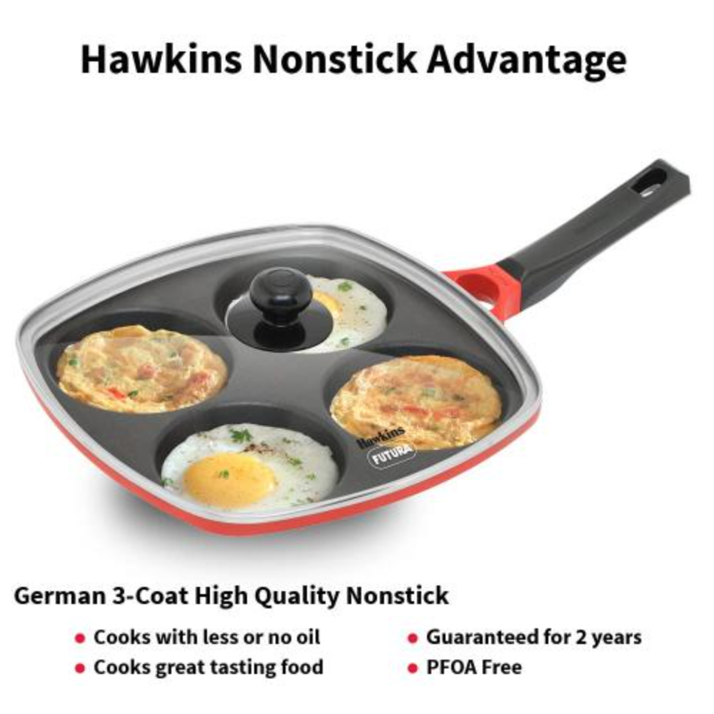Hawkins 30 cm Die-Cast Multi Snack Pan with Glass Lid, Nonstick Mini Uttapam Tawa, Pancake Pan, Red