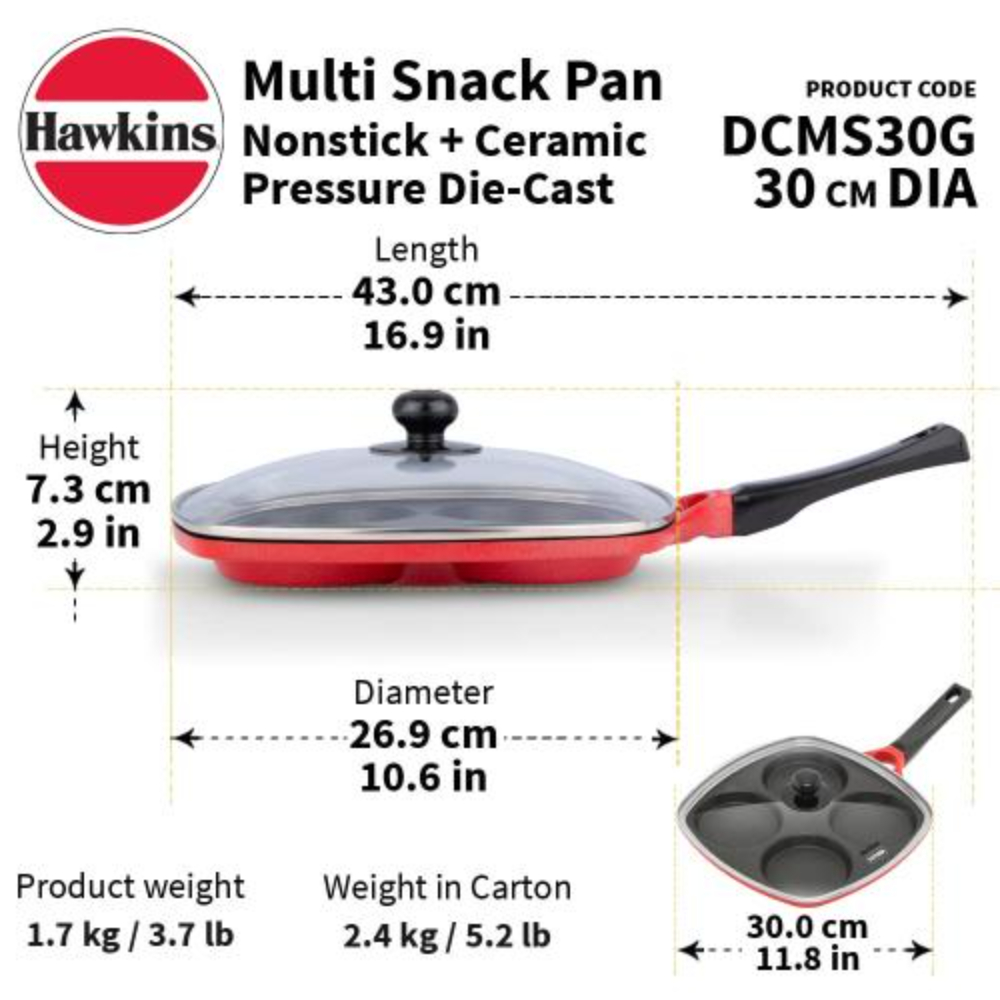 Hawkins 30 cm Die-Cast Multi Snack Pan with Glass Lid, Nonstick Mini Uttapam Tawa, Pancake Pan, Red