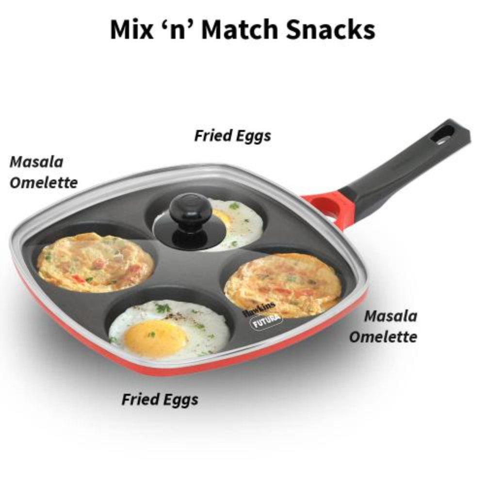 Hawkins 30 cm Die-Cast Multi Snack Pan with Glass Lid, Nonstick Mini Uttapam Tawa, Pancake Pan, Red