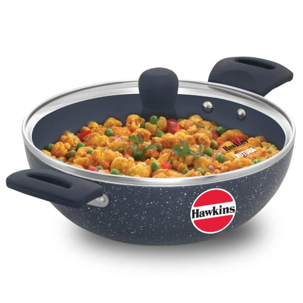 Hawkins Ceramic Nonstick 2.5 Litre Deep Kadhai, Induction Deep Fry Pan with Glass Lid, Granite Kadai