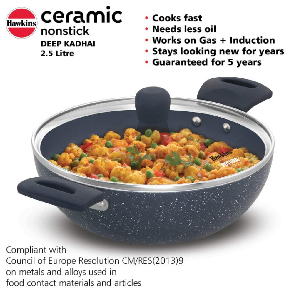 Hawkins Ceramic Nonstick 2.5 Litre Deep Kadhai, Induction Deep Fry Pan with Glass Lid, Granite Kadai