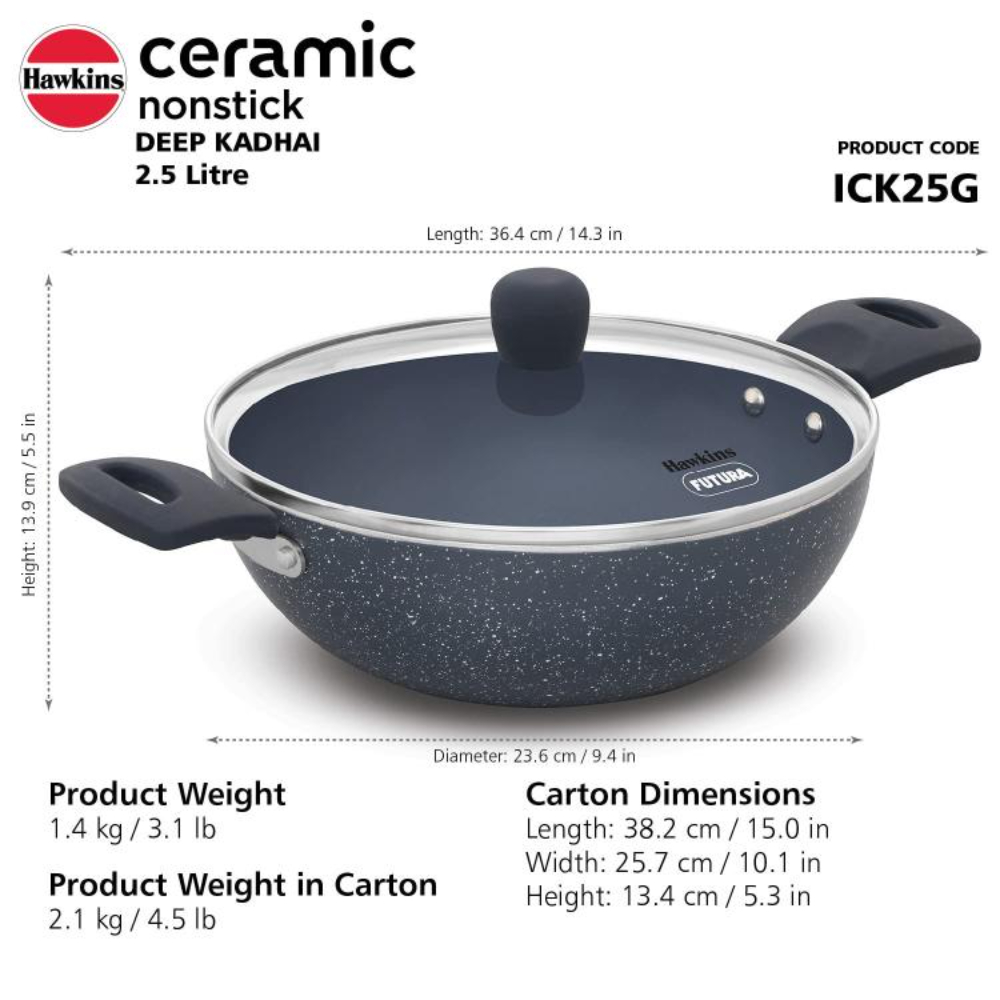 Hawkins Ceramic Nonstick 2.5 Litre Deep Kadhai, Induction Deep Fry Pan with Glass Lid, Granite Kadai