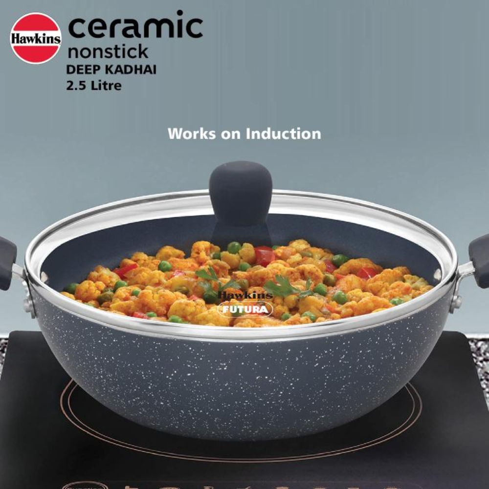 Hawkins Ceramic Nonstick 2.5 Litre Deep Kadhai, Induction Deep Fry Pan with Glass Lid, Granite Kadai