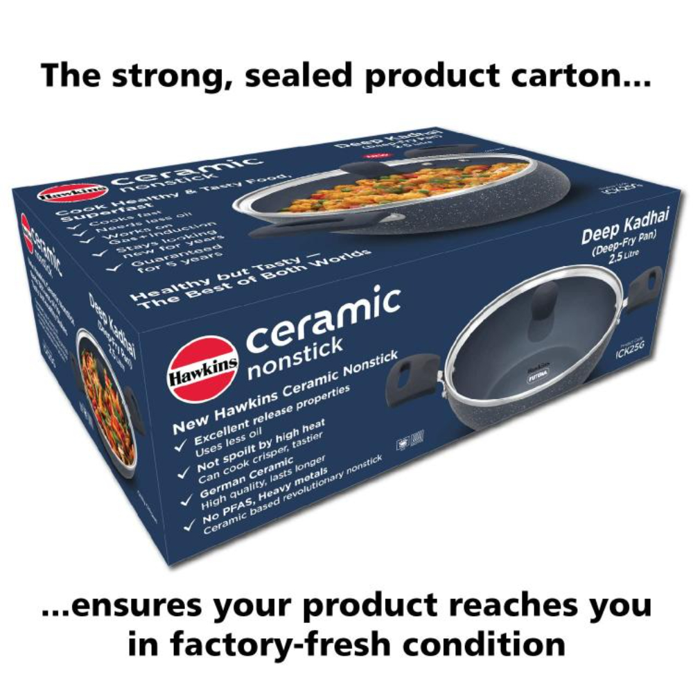 Hawkins Ceramic Nonstick 2.5 Litre Deep Kadhai, Induction Deep Fry Pan with Glass Lid, Granite Kadai