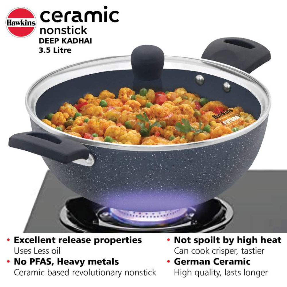 Hawkins Ceramic Nonstick 3.5 Litre Deep Kadhai, Induction Deep Fry Pan with Glass Lid, Granite Kadai