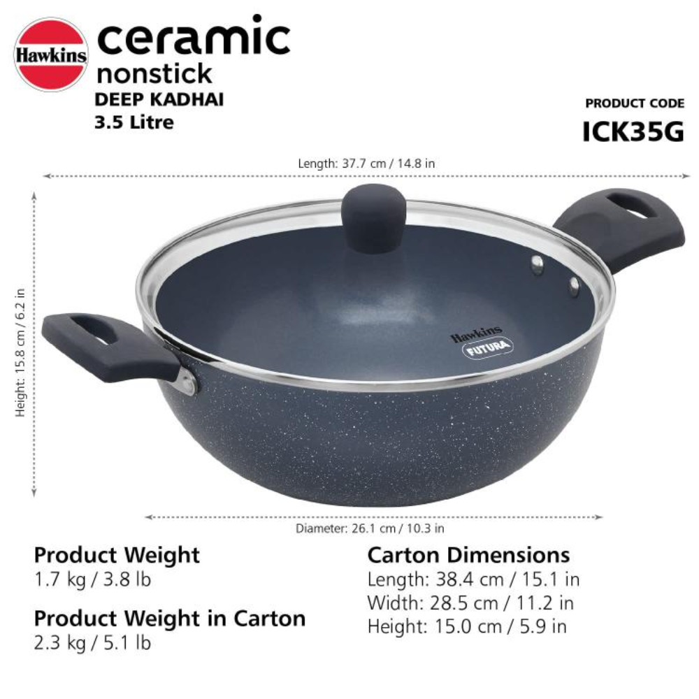 Hawkins Ceramic Nonstick 3.5 Litre Deep Kadhai, Induction Deep Fry Pan with Glass Lid, Granite Kadai