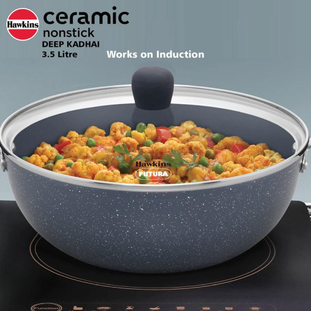 Hawkins Ceramic Nonstick 3.5 Litre Deep Kadhai, Induction Deep Fry Pan with Glass Lid, Granite Kadai
