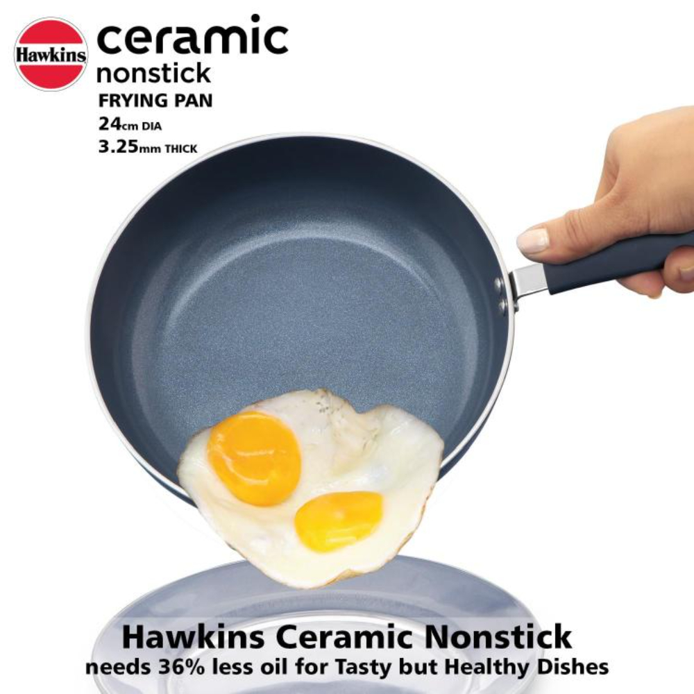Hawkins Ceramic Nonstick Frying Pan, 24 cm Diameter, Induction Fry Pan with Glass Lid, Granite Omlette Egg Pan, Fish Pan