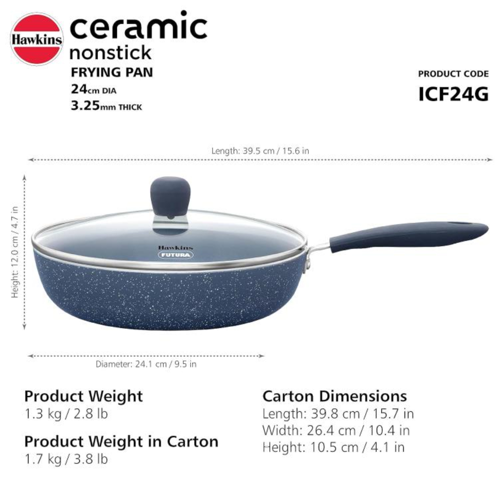 Hawkins Ceramic Nonstick Frying Pan, 24 cm Diameter, Induction Fry Pan with Glass Lid, Granite Omlette Egg Pan, Fish Pan