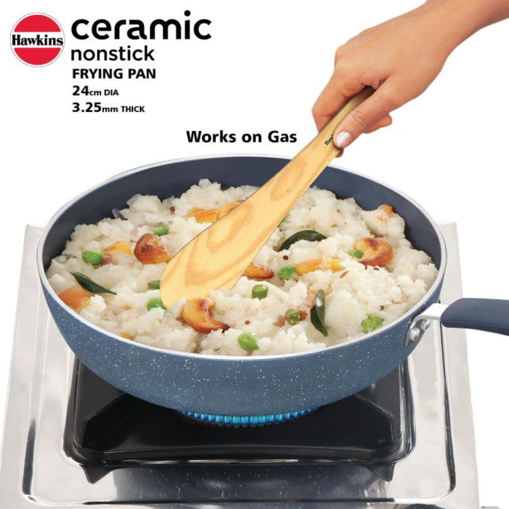Hawkins Ceramic Nonstick Frying Pan, 24 cm Diameter, Induction Fry Pan with Glass Lid, Granite Omlette Egg Pan, Fish Pan