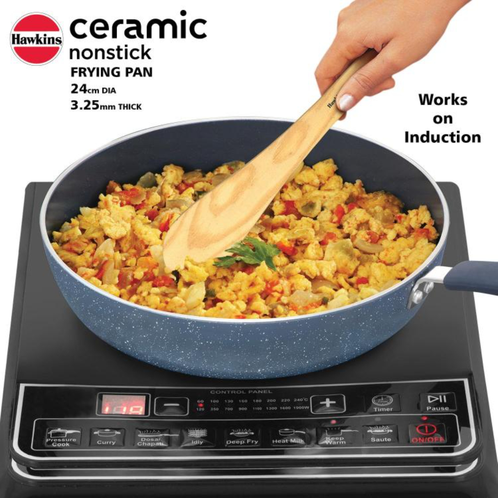 Hawkins Ceramic Nonstick Frying Pan, 24 cm Diameter, Induction Fry Pan with Glass Lid, Granite Omlette Egg Pan, Fish Pan