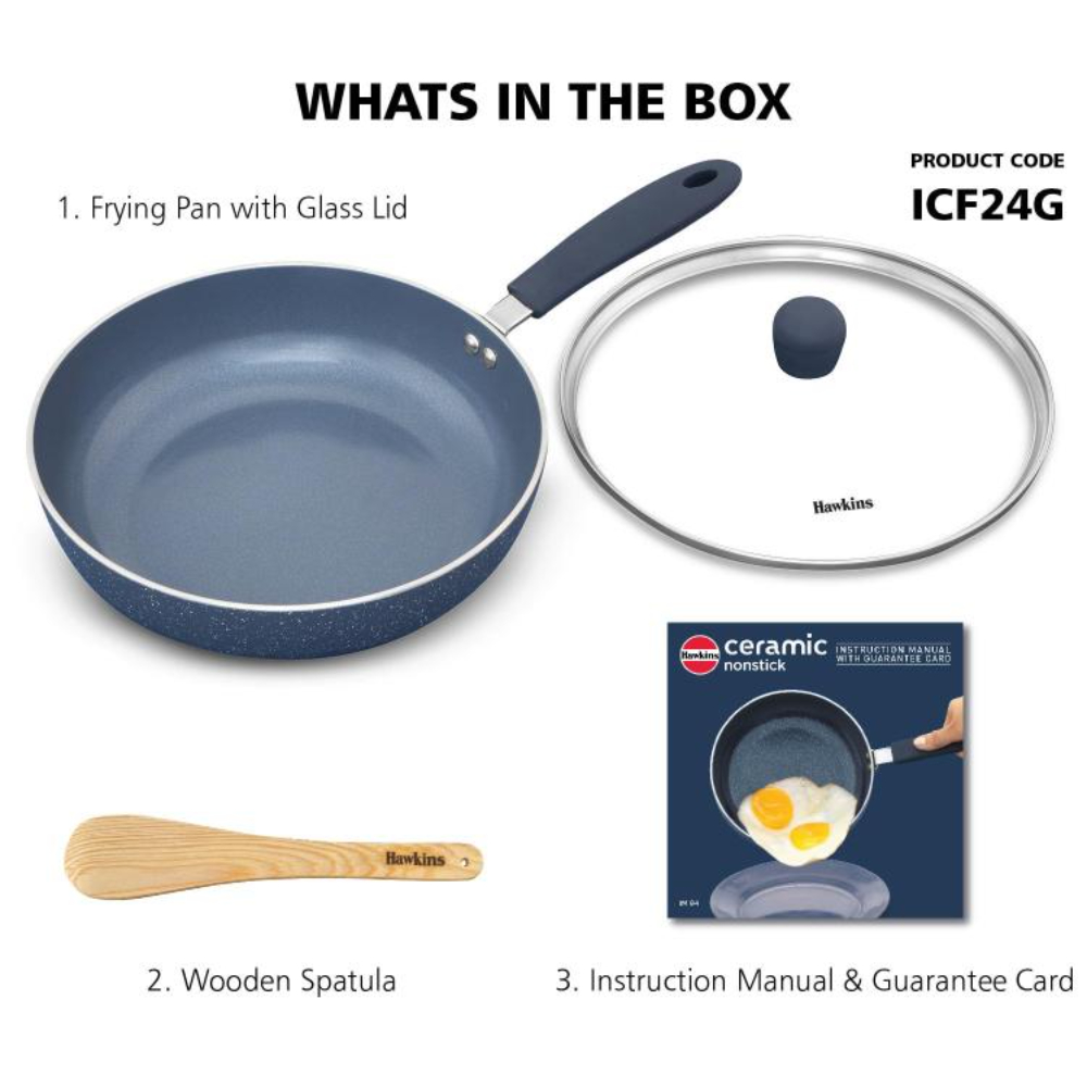 Hawkins Ceramic Nonstick Frying Pan, 24 cm Diameter, Induction Fry Pan with Glass Lid, Granite Omlette Egg Pan, Fish Pan