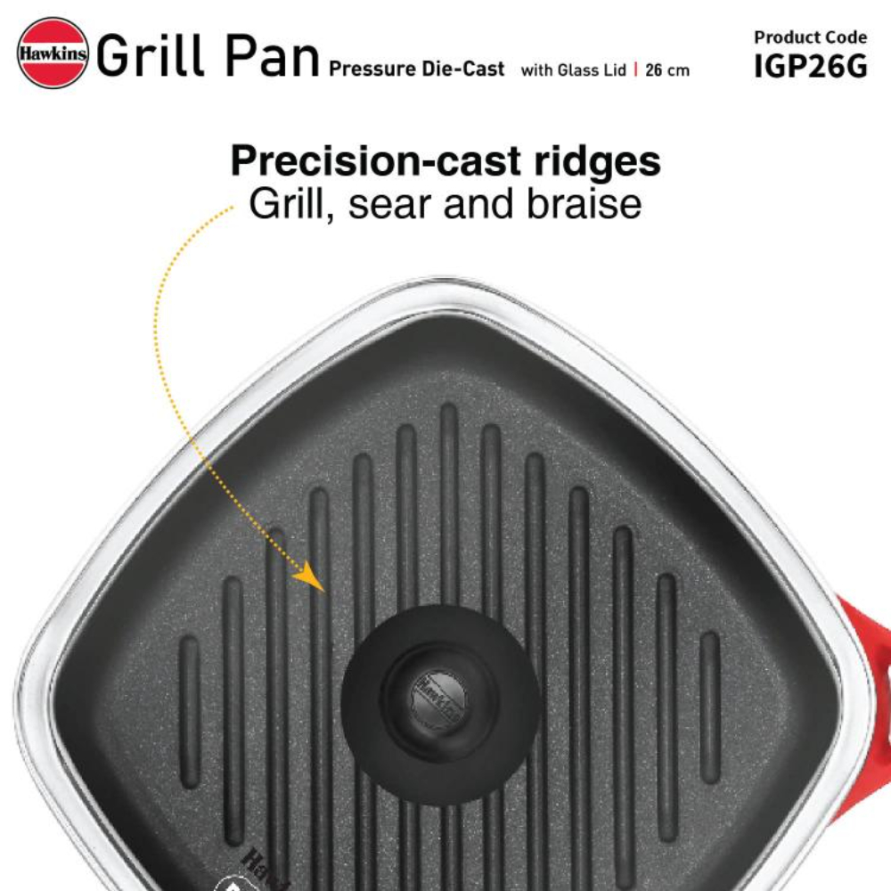 Hawkins 26 cm Grill Pan, Non Stick Die Cast Grilling Pan with Glass Lid, Square Grill Pan for Gas Stove, Ceramic Coated Pan, Roast Pan, Red