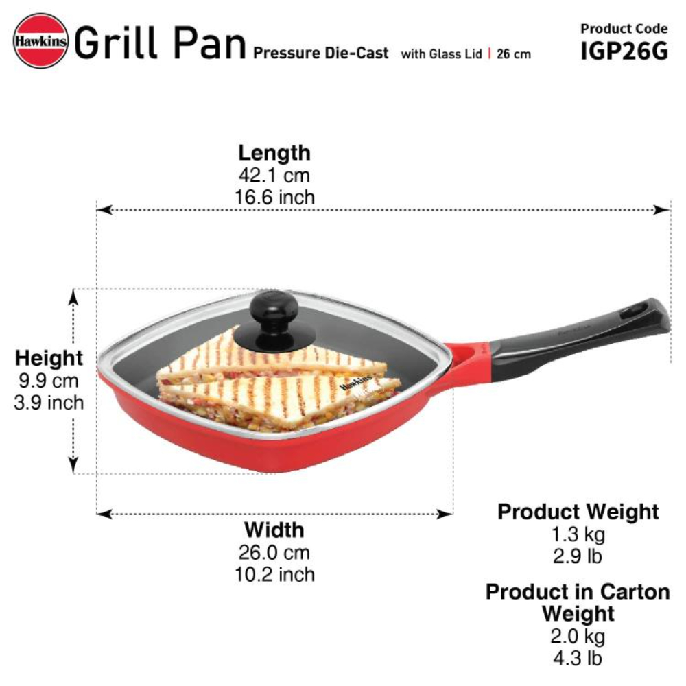 Hawkins 26 cm Grill Pan, Non Stick Die Cast Grilling Pan with Glass Lid, Square Grill Pan for Gas Stove, Ceramic Coated Pan, Roast Pan, Red