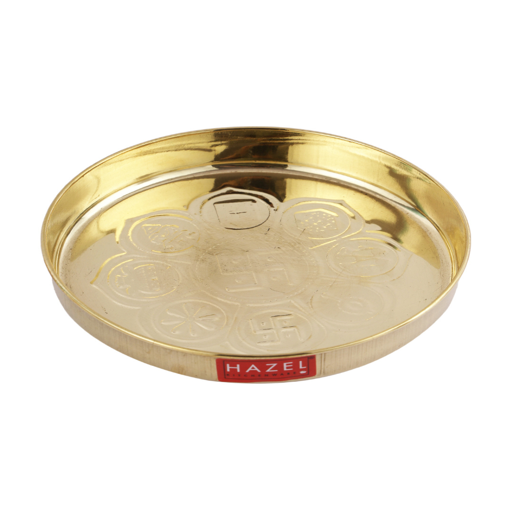 HAZEL Astmangal khuchi Brass Puja Pooja Aarti Golden Thali 12.5 cm, Golden