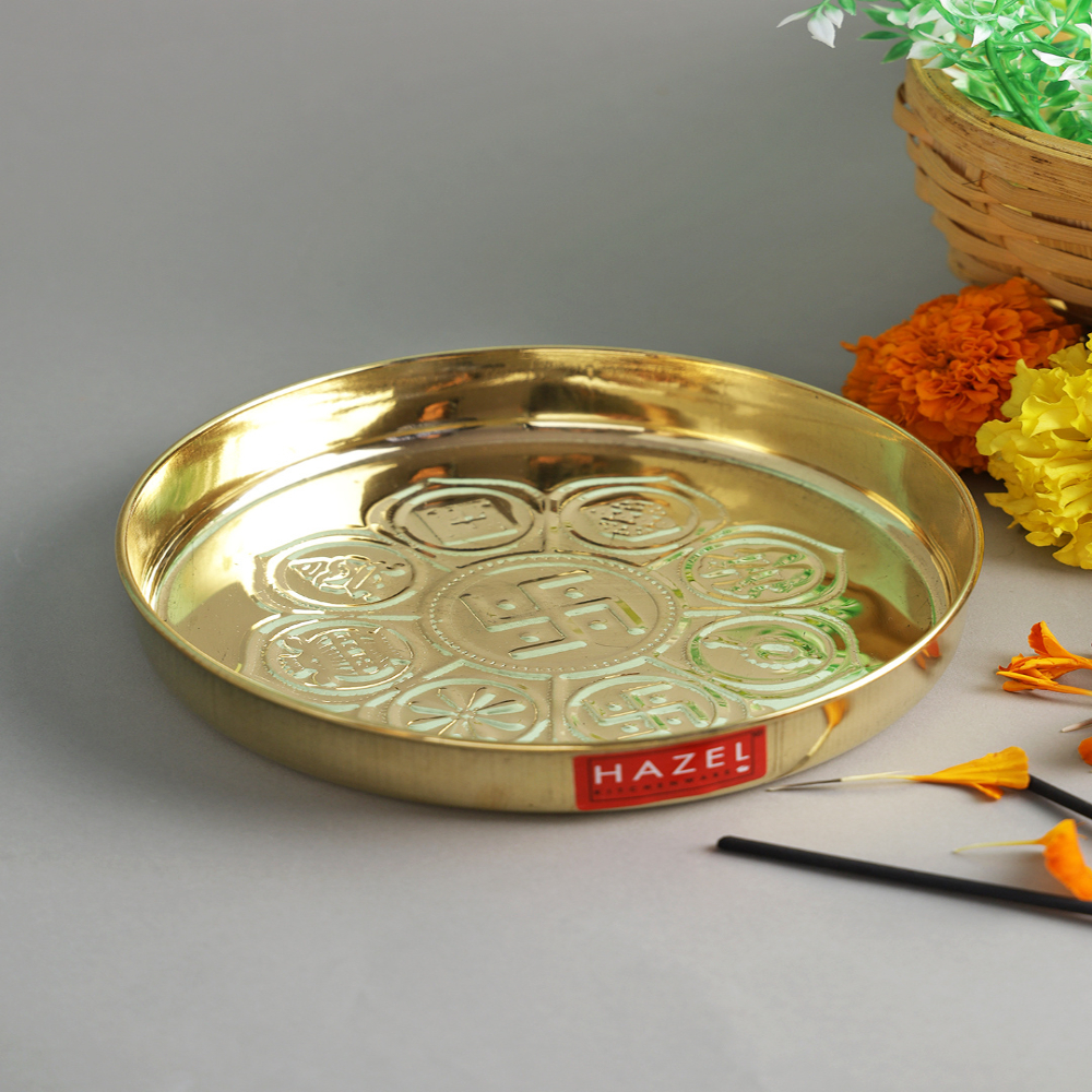 HAZEL Astmangal khuchi Brass Puja Pooja Aarti Golden Thali 12.5 cm, Golden