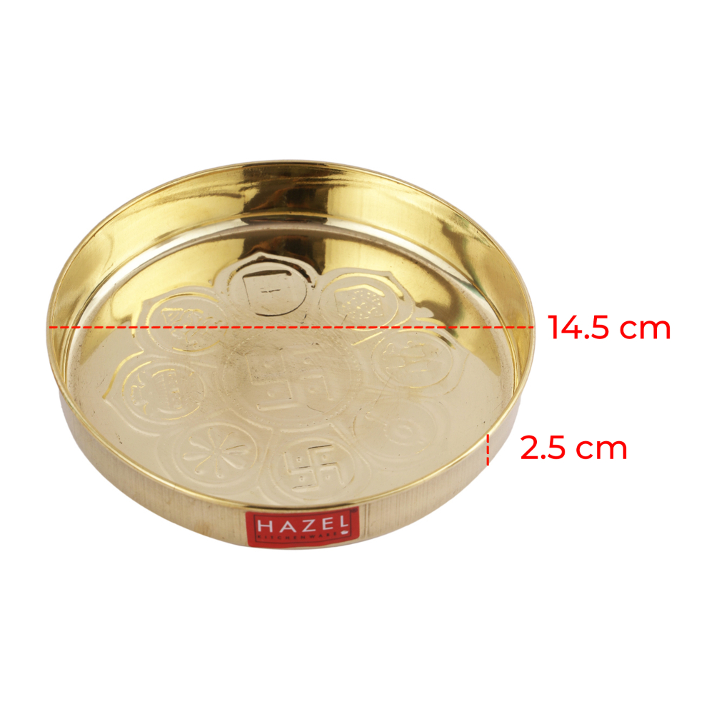 HAZEL Astmangal khuchi Brass Puja Pooja Aarti Golden Thali 12.5 cm, Golden