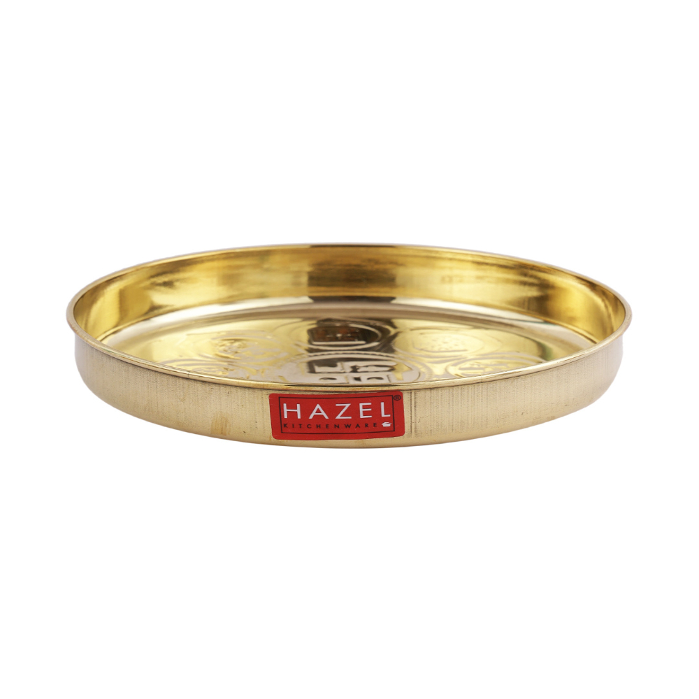 HAZEL Astmangal khuchi Brass Puja Pooja Aarti Golden Thali 12.5 cm, Golden