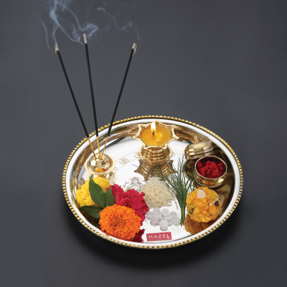HAZEL Stainless Steel Puja Pooja Aarti Thali Set With Diva 22 cm, Silver