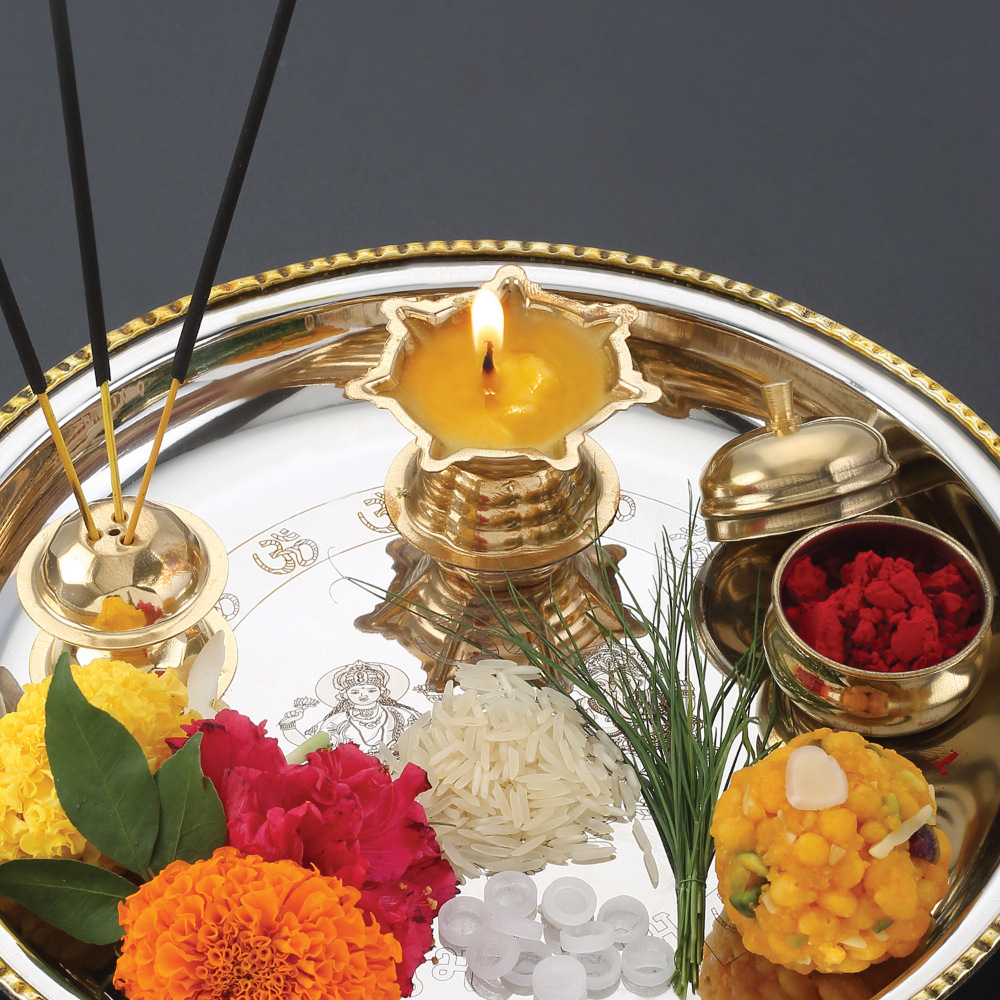 HAZEL Stainless Steel Puja Pooja Aarti Thali Set With Diva 22 cm, Silver
