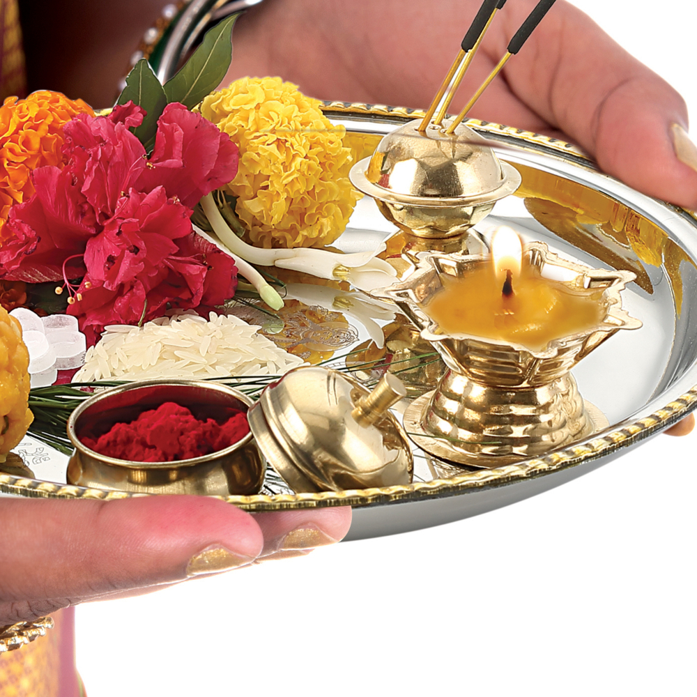 HAZEL Stainless Steel Puja Pooja Aarti Thali Set With Diva 22 cm, Silver