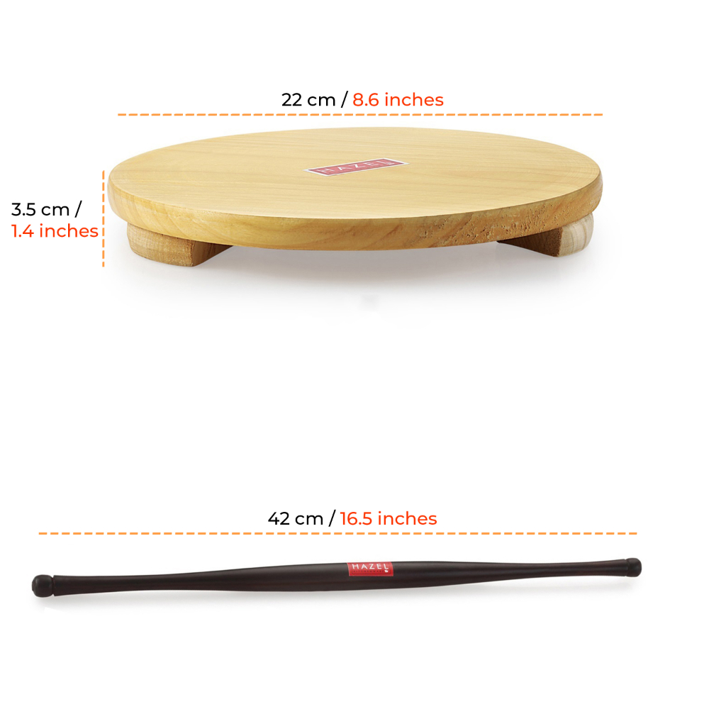 HAZEL Wood Polpat Chakla Roti Chapati Maker 21 cm With Sheesham Roti Roller Belan Rolling Pin 42 cm