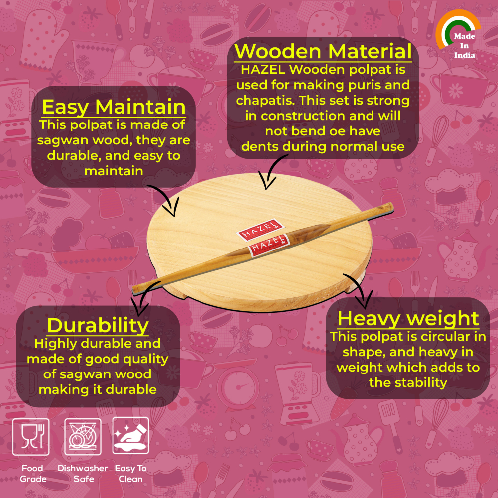 HAZEL Wood Polpat Chakla Roti Chapati Maker 24 cm With Wood Roti Roller Belan Rolling Pin 36 cm
