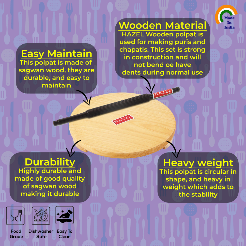 HAZEL Wood Polpat Chakla Roti Chapati Maker 21 cm With Sheesham Roti Roller Belan Rolling Pin 35 cm