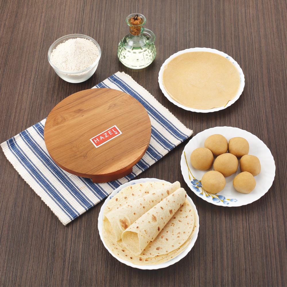 HAZEL Sagwan Polpat Chakla Roti Chapati Maker 24 cm With Sheesham Roti Roller Belan Rolling Pin 34 cm