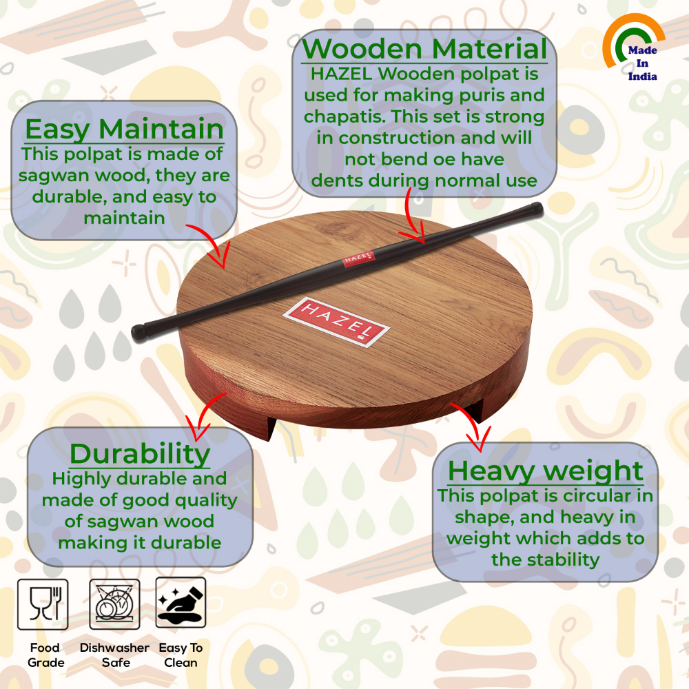 HAZEL Sagwan Polpat Chakla Roti Chapati Maker 23 cm With Sheesham Roti Roller Belan Rolling Pin 42 cm