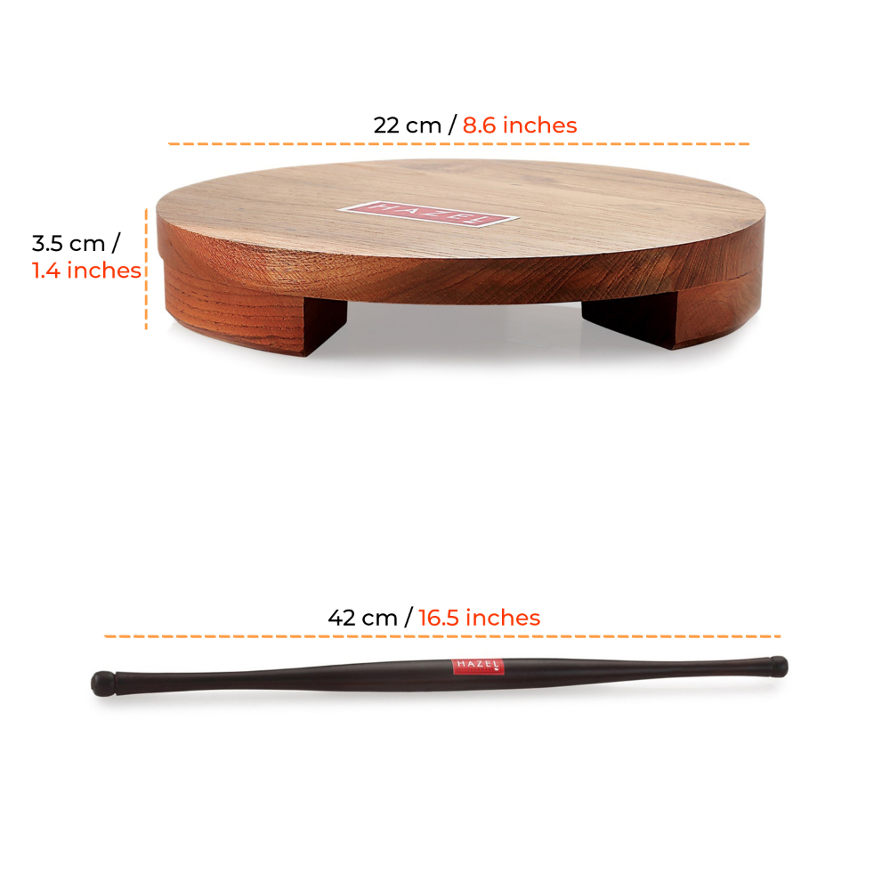 HAZEL Sagwan Polpat Chakla Roti Chapati Maker 23 cm With Sheesham Roti Roller Belan Rolling Pin 42 cm