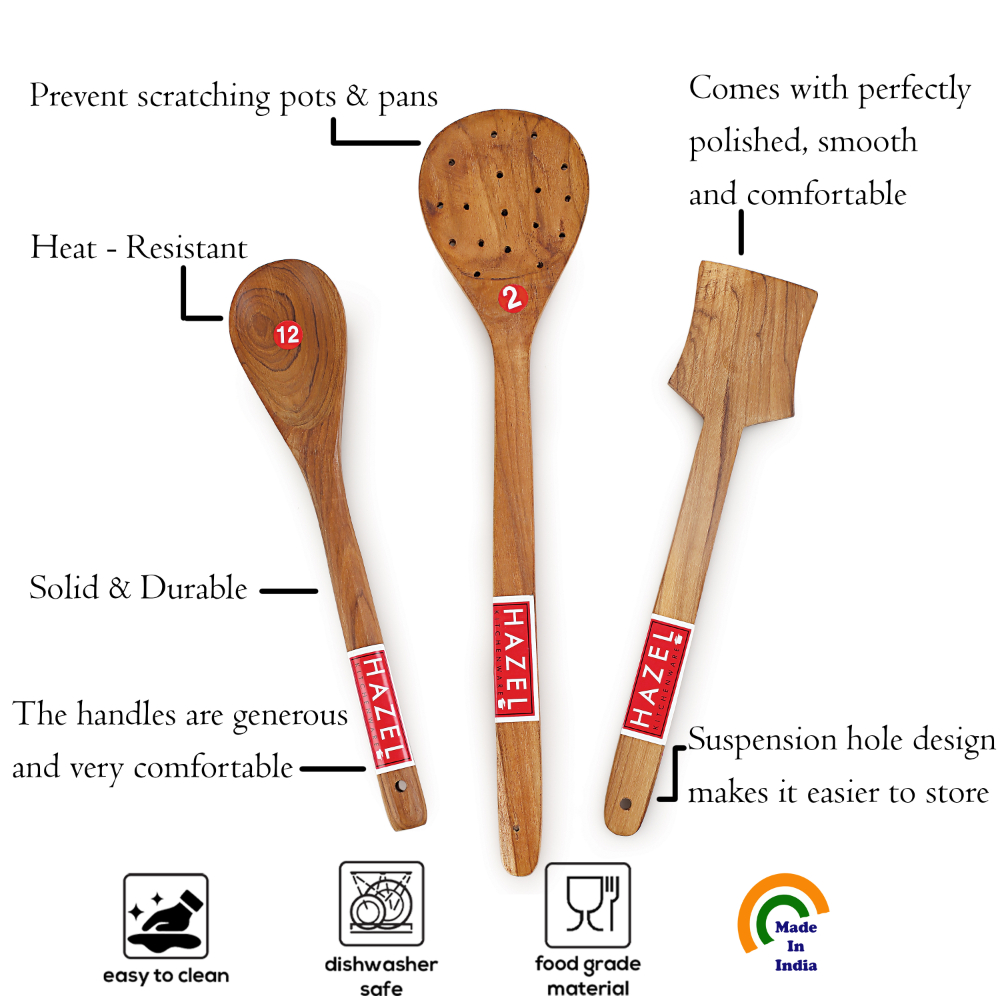 HAZEL Wooden Kitchen Tools Spoon Set of 3 ( Oval Spatula Small , Serving Jhara, Taveta)