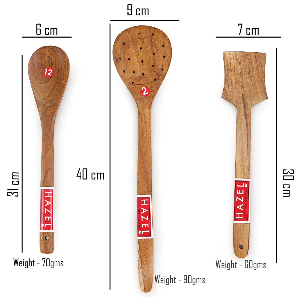 HAZEL Wooden Kitchen Tools Spoon Set of 3 ( Oval Spatula Small , Serving Jhara, Taveta)