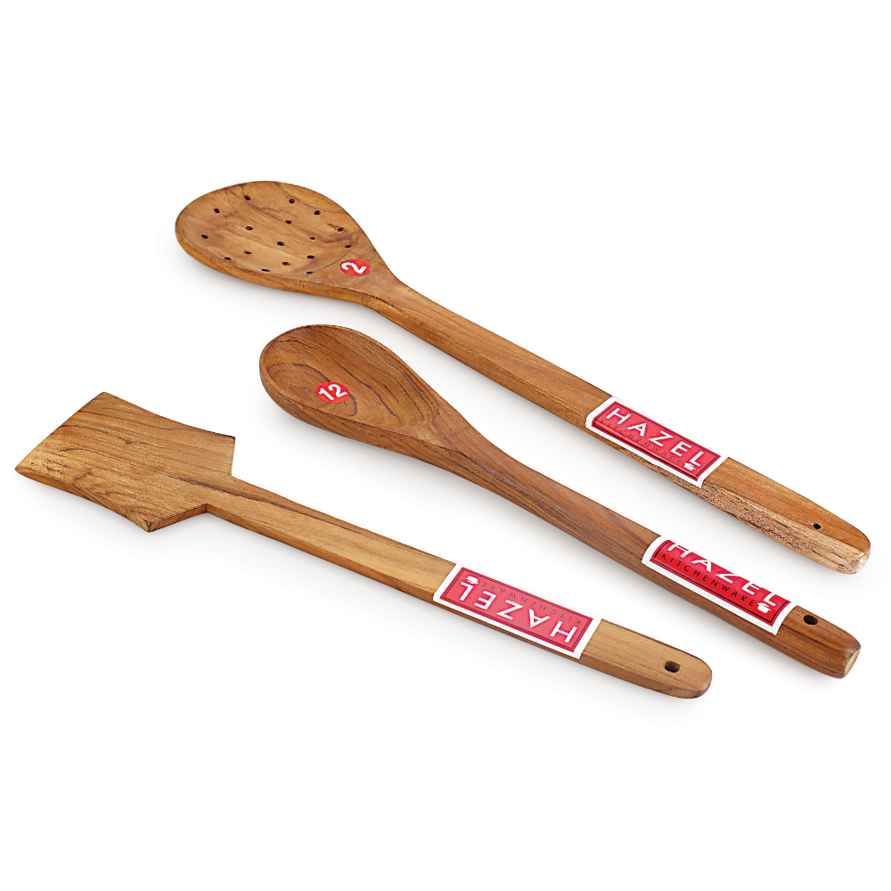HAZEL Wooden Kitchen Tools Spoon Set of 3 ( Oval Spatula Small , Serving Jhara, Taveta)