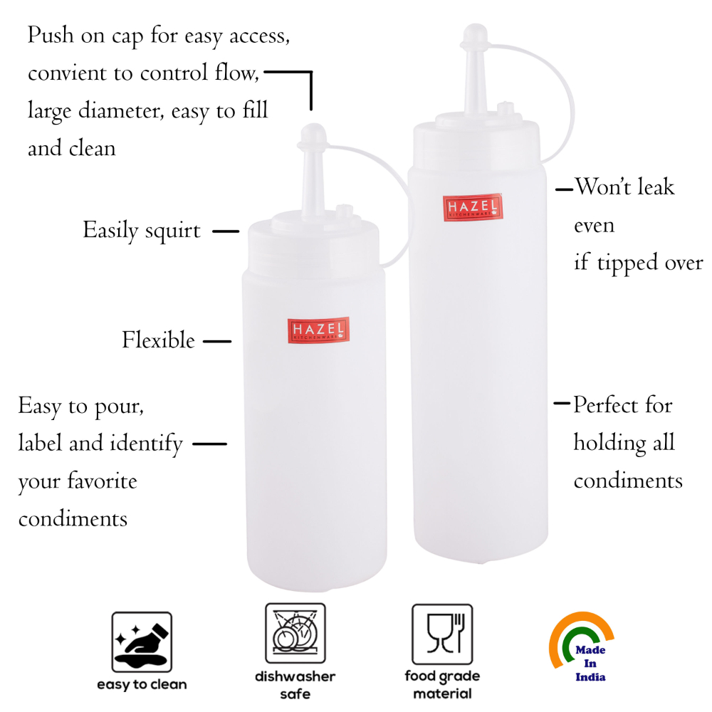 HAZEL Transparent Sauce Bottle & Ketchup Squeeze Bottle | Combo of 4 Set Plastic Squeeze Bottle| Ideal for using at Home & Restaurent, Set of 4