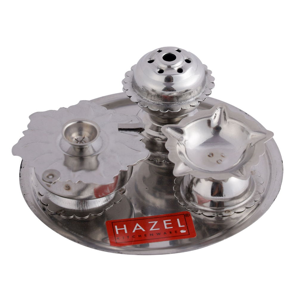 HAZEL Diya with Agarbatti Stand and Karanda| Stainless Steel Panchvati Diya, Agardan and Koiri For Puja | Diva with Udbatti Ghar and Kumkum Box (10 x 4.5 cm)