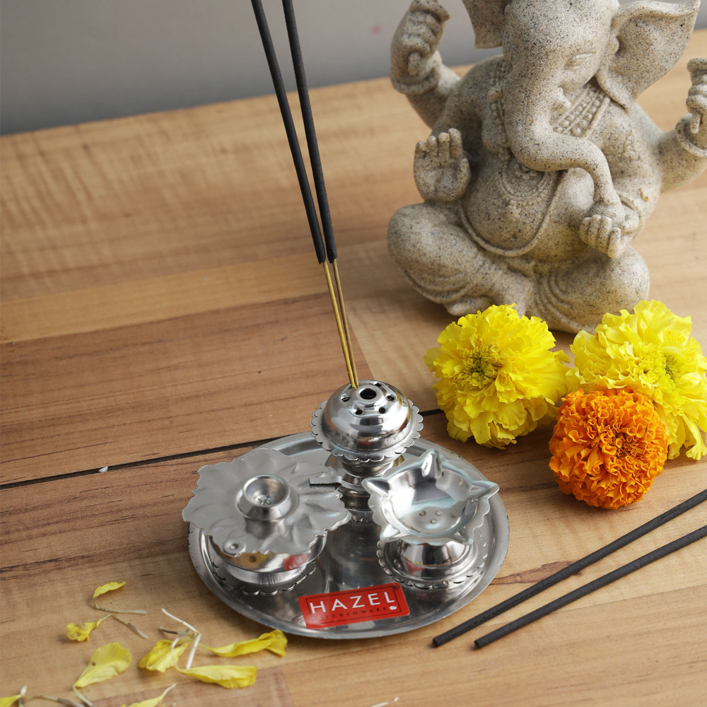 HAZEL Diya with Agarbatti Stand and Karanda| Stainless Steel Panchvati Diya, Agardan and Koiri For Puja | Diva with Udbatti Ghar and Kumkum Box (10 x 4.5 cm)