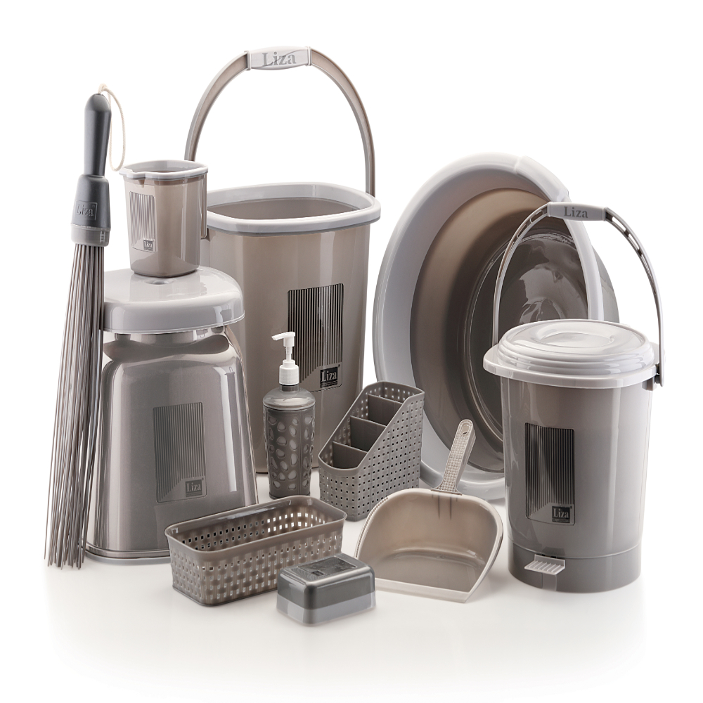 Liza Bathroom Accessories Items for Home | bath accessories set for bathroom Plastic Tub, Broom, Bucket, Dustbin, Stool, Mug, Dust Pan, Soap Dispenser, Holder, Organiser, Soap Case, Set of 11, Dark Grey