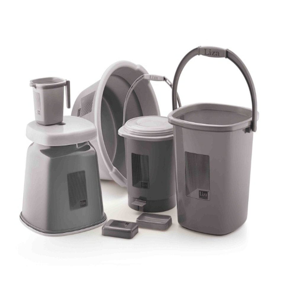 Liza Bathroom Accessories Items for Home | bath accessories set for bathroom Plastic Tub, Broom, Bucket, Dustbin, Stool, Mug, Dust Pan, Soap Dispenser, Holder, Organiser, Soap Case, Set of 11, Dark Grey