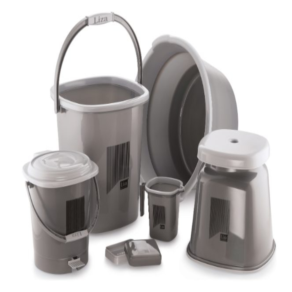 Liza Bathroom Accessories Items for Home | bath accessories set for bathroom Plastic Tub, Broom, Bucket, Dustbin, Stool, Mug, Dust Pan, Soap Dispenser, Holder, Organiser, Soap Case, Set of 11, Dark Grey