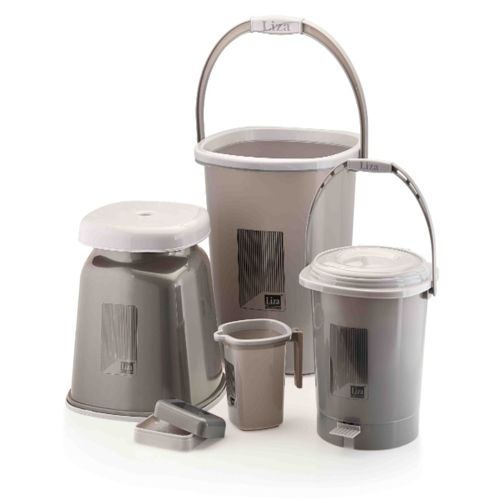 Liza Bathroom Accessories Items for Home | bath accessories set for bathroom Plastic Tub, Broom, Bucket, Dustbin, Stool, Mug, Dust Pan, Soap Dispenser, Holder, Organiser, Soap Case, Set of 11, Dark Grey