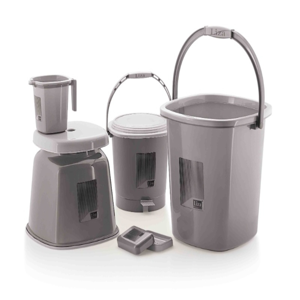 Liza Bathroom Accessories Items for Home | bath accessories set for bathroom Plastic Tub, Broom, Bucket, Dustbin, Stool, Mug, Dust Pan, Soap Dispenser, Holder, Organiser, Soap Case, Set of 11, Dark Grey