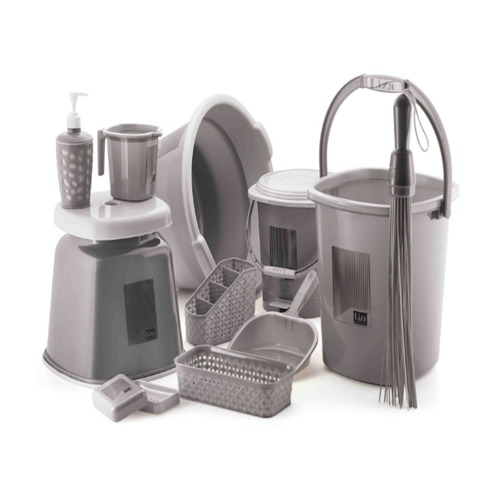 Liza Bathroom Accessories Items for Home | bath accessories set for bathroom Plastic Tub, Broom, Bucket, Dustbin, Stool, Mug, Dust Pan, Soap Dispenser, Holder, Organiser, Soap Case, Set of 11, Dark Grey