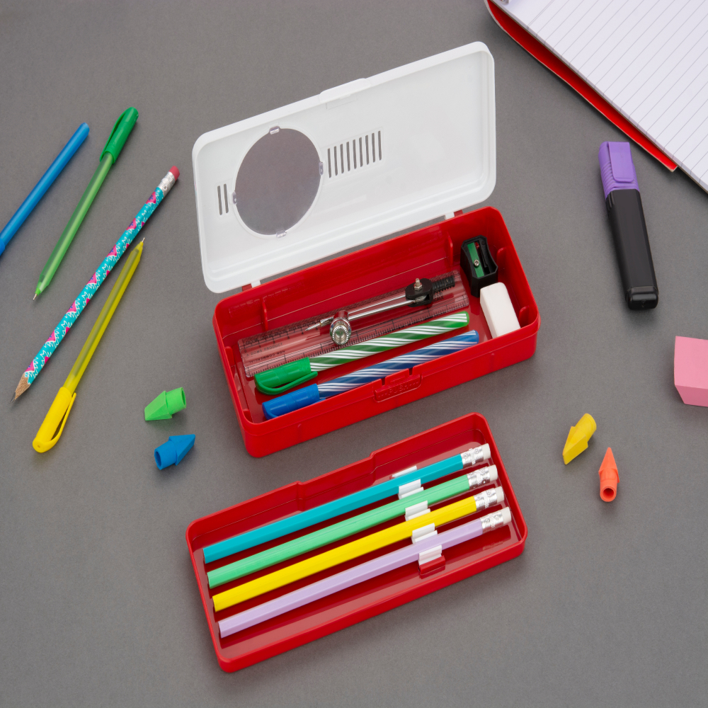HAZEL Pencil Box for Art Organizer and Storage | Creative Crayon Box for Stationary Box | Compass Box with Separator for School Kids, Red